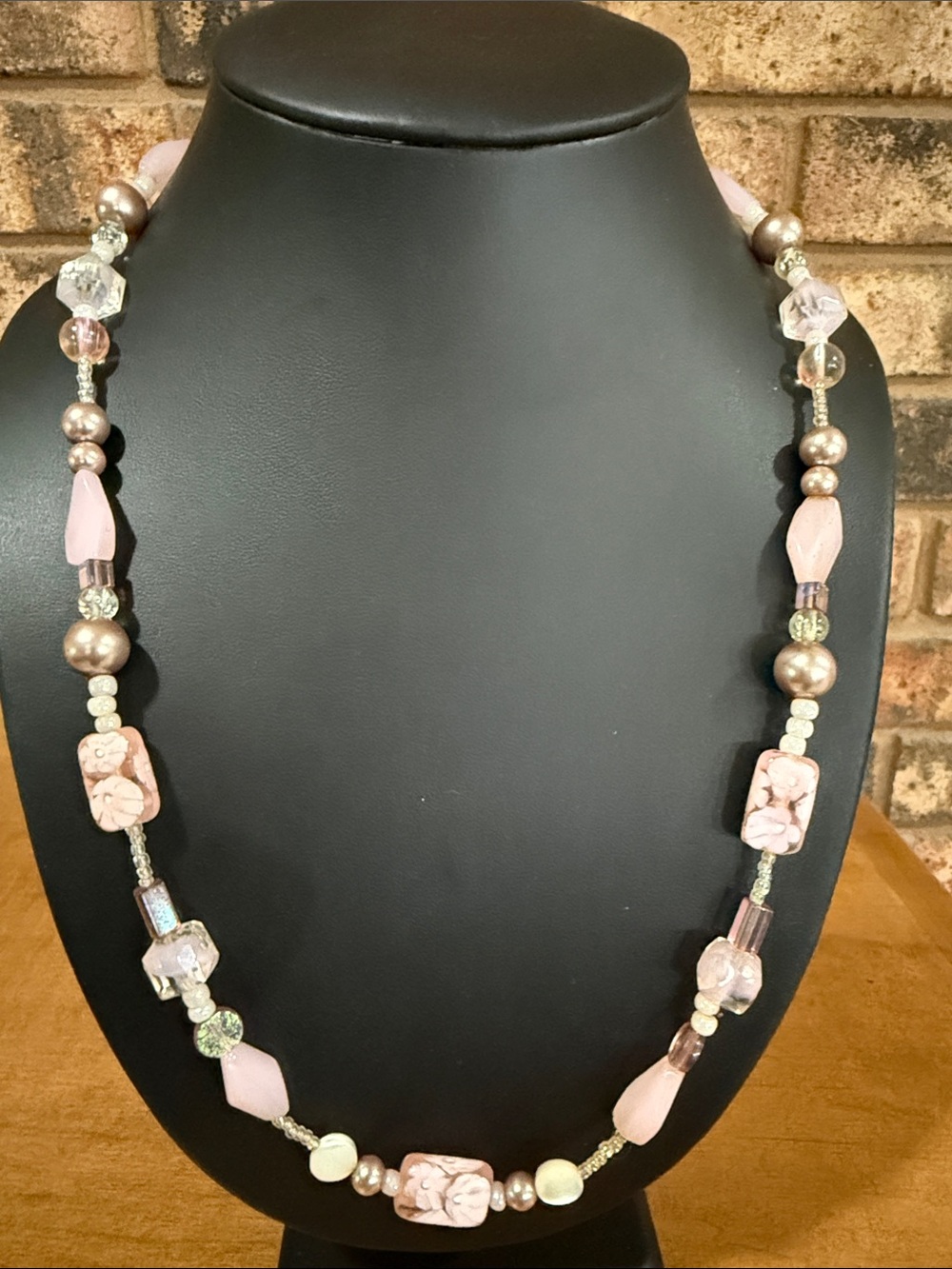 Vintage pink glass floral beads, mother of pearl discs & faux pearls necklace